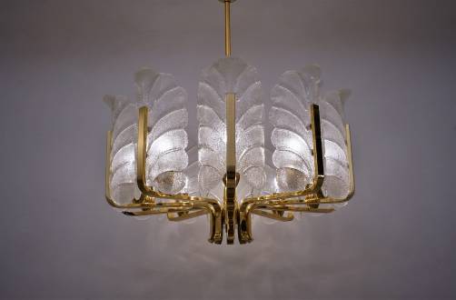 Carl Fagerlund Orrefors chandelier glass leaves & brass, 10 light, 1960`s ca, Sweden